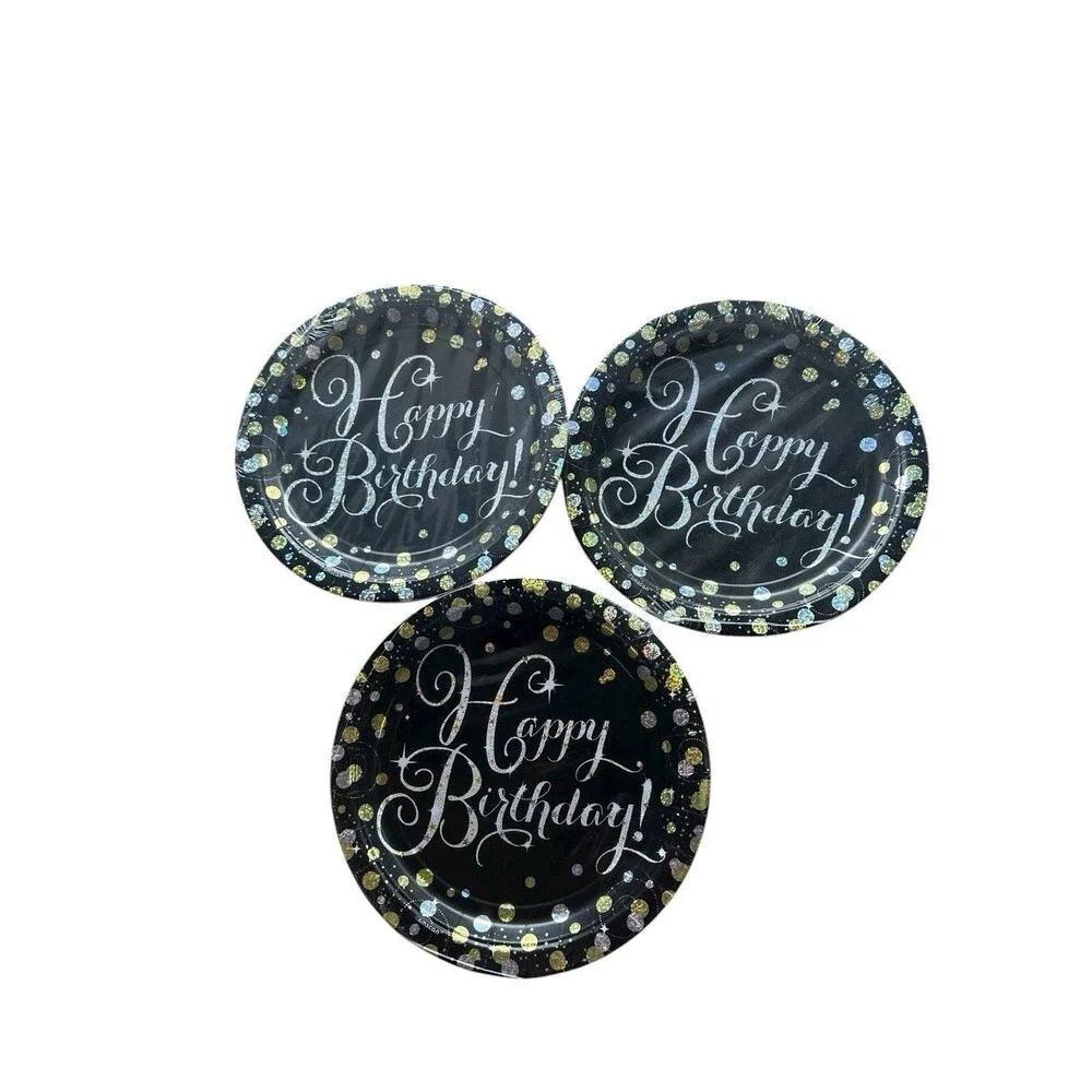Happy Birthday Black Gold Silver 24 Plates (9